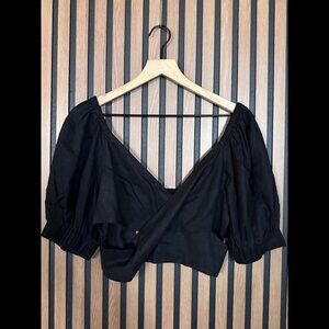 Anthropologie Crop Top Small Womens Black Linen Blend Peasant Tunic Faux Wrap